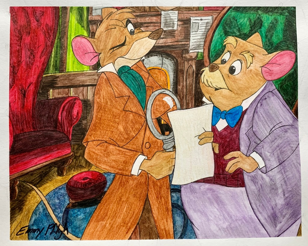 Basil and Dawson Solving a Clue (Disney’s “The Great Mouse Detective” (1986)) (watercolor, 2022) 🐭🔍